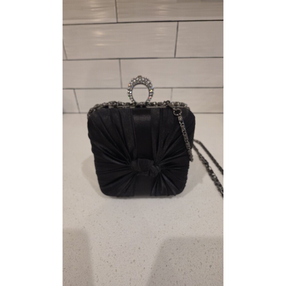 Black Satin Ruched Bow Evening Clutch Bag Crystal Rhinestone Ring Clasp Chain